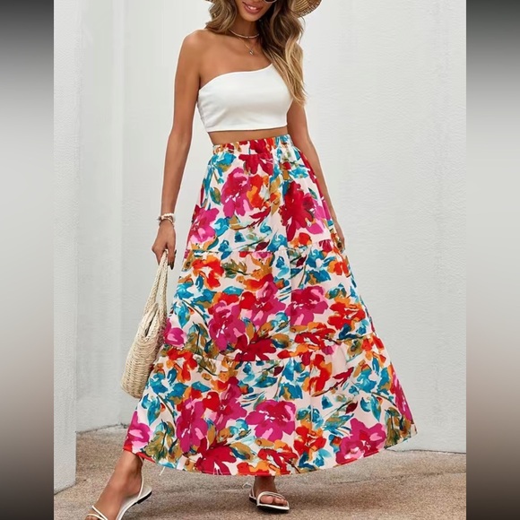 Boho floral print elastic waist maxi skirt - Picture 2 of 6